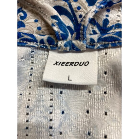 Xieerduo Womens Strappy Tank Top L Blue White Damask Print Cottagecore - Picture 3 of 8